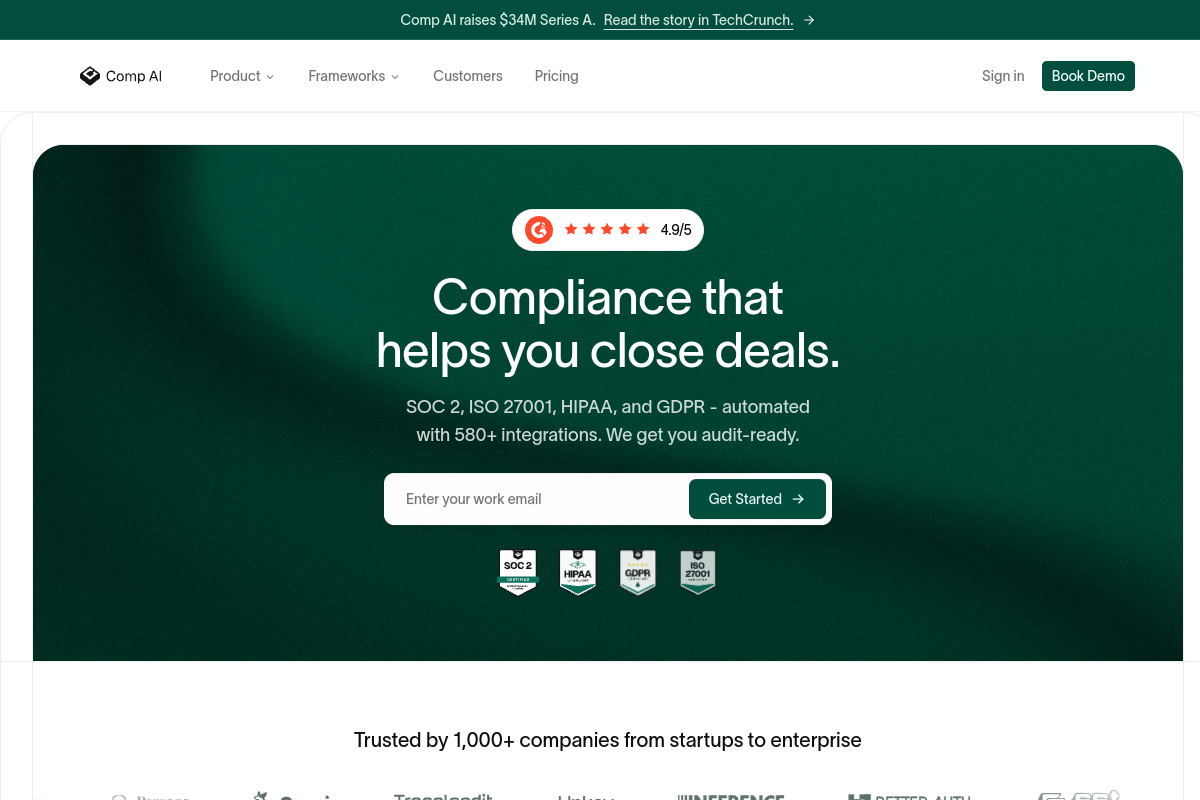 Comp AI homepage showing its compliance automation message, navigation, and framework badges.